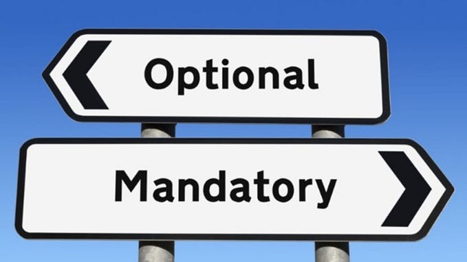 Two direction panels: one saying “Optional”, pointing left, the other saying “Mandatory”, pointing right.