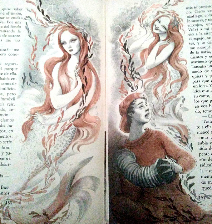 Illustration of a mermaid and sailor from “The Green sailor” by Hernán del Solar