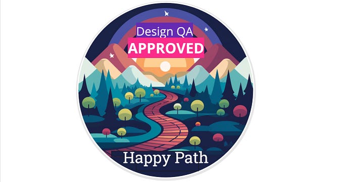 A Happy Path Design QA approved sticker with a GEN AI image of a path going through a forest and mountains