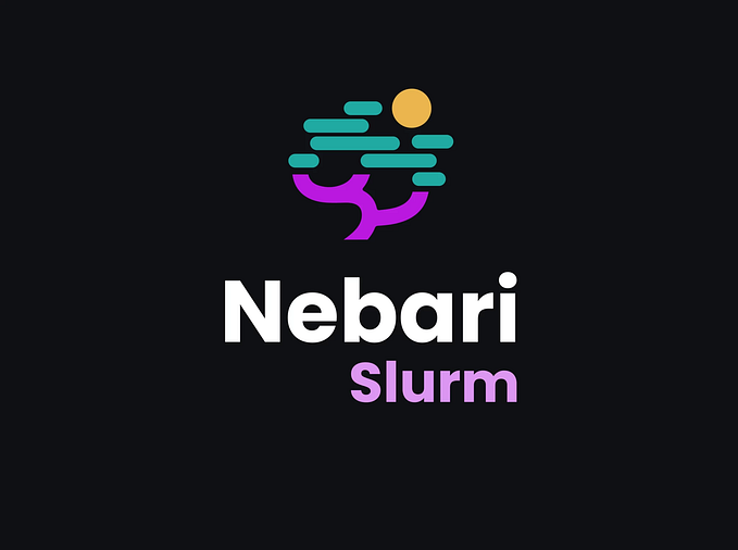 The Nebari Slurm logo on a black background. The logo features a stylized tree or branch design where the trunk is purple and splits into two branches, with teal-colored cloud-like shapes above it and a yellow circle resembling a sun. Below the icon are the words ‘Nebari’ in white and ‘Slurm’ in purple.