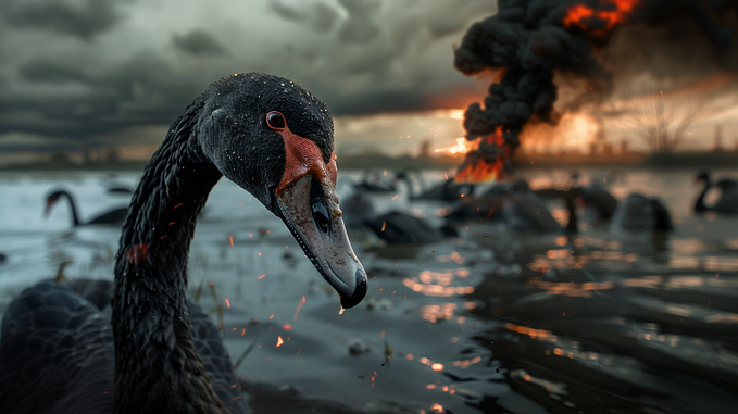 photo of a huge black swan destroying the world, AI image created on Midjourney generative ai tool, by Henrique Centieiro and Bee Lee
