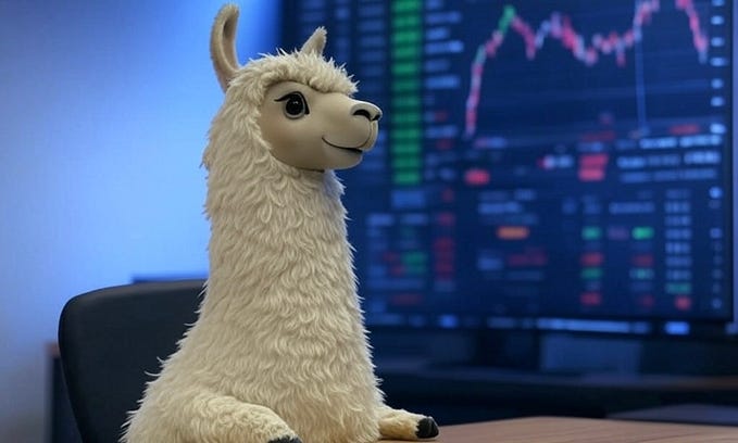 Llama sitting in front of a stock market terminal