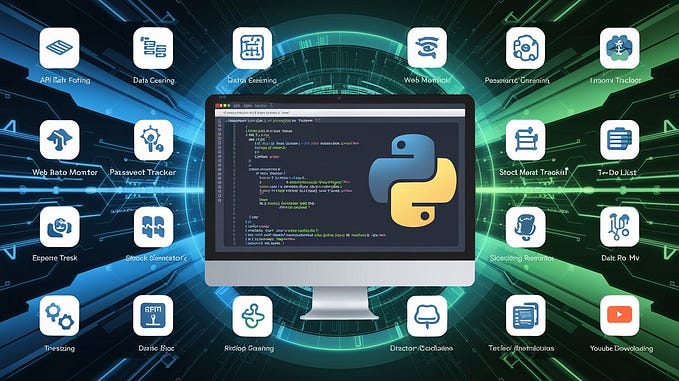 A visually engaging collage illustrating Python automation scripts in action. The image features a computer screen displaying Python code, surrounded by icons symbolizing various tasks like API data fetching, data cleaning, web monitoring, password generation, expense tracking, to-do list management, text summarization, stock market tracking, image resizing, directory cleaning, habit tracking, desktop notifications, and YouTube downloading. The background has a futuristic, tech-inspired design w