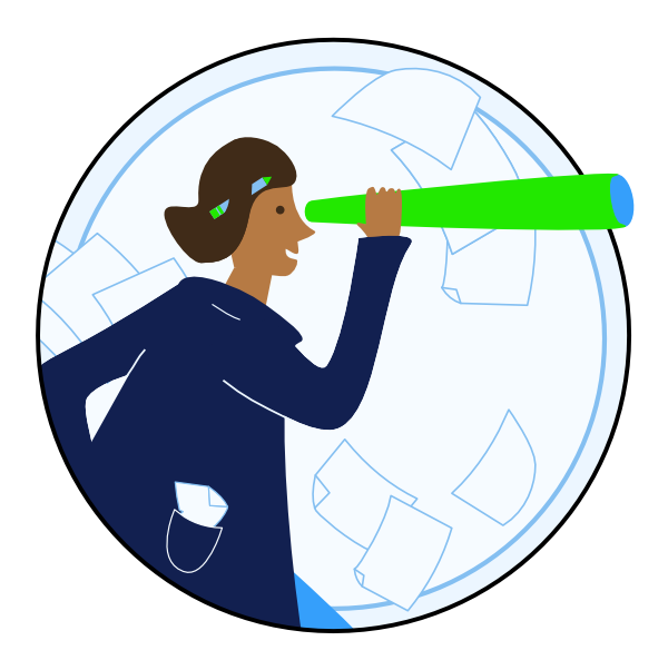 Illustration of a female scientist in a lab coat looking through a looking glass, with sheets of papers flying in the background.