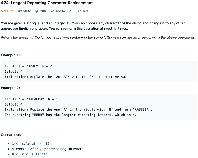 424 — Longest Repeating Character Replacement