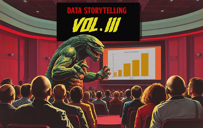 A cover for the article in the style of a 1960s science fiction pulp magazine featuring monster in front of the public, presenting some slides in a TED talk style