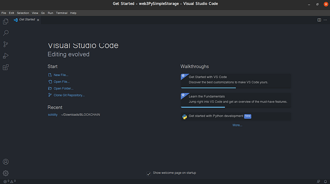 Home page of VSCode (First page to appear when VSCode is launched).