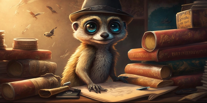 A meerkat librarian working with books and documents on ChatGPT.