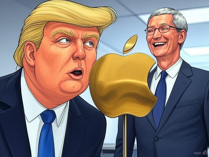 IMAGE: A comic-style illustration with the Idiot-in-Chief, Donald Trump, totally surprised looking at a metallic golden and shiny Apple logo, with Tim Cook laughing in the background