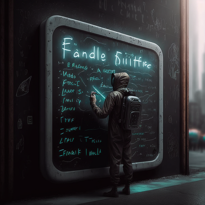 Uma pessoa no futuro escrevendo tópicos em um quadro grande utilizando luzes ou LED's. O texto contido no board não é compreensível.