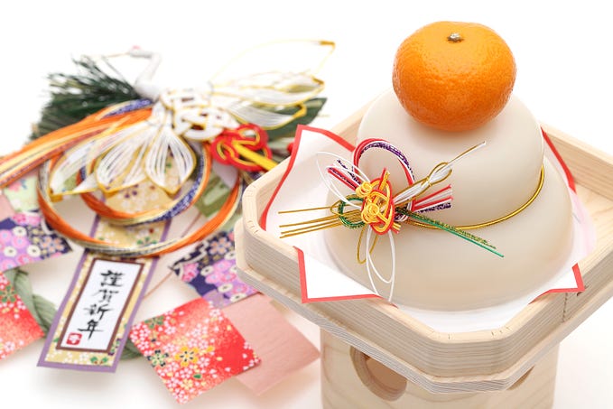 Japanese New Year’s decorations, including kagami mochi which will be broken and eaten.