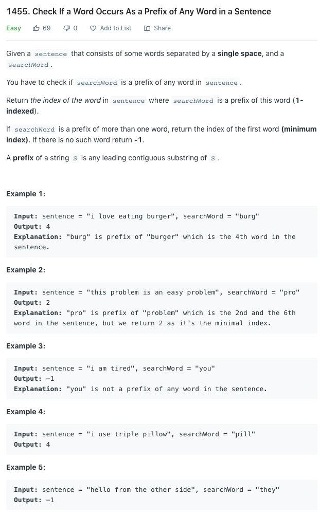 Leetcode 1455: Check If a Word Occurs As a Prefix of Any Word in a Sentence