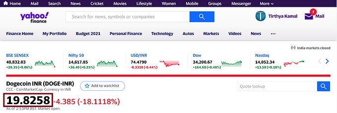 Simple python script to fetch the equivalent price of 1 Dogecoin in the local currency