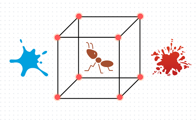An ant trapped in a cube with 8 dots alongside splashes of blue and red on the sides