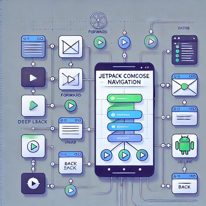 An AI-generated illustration of Jetpack Compose navigation in Android development, designed in the style of Google’s Android developer documentation. The image features a structured flowchart with mobile screens connected by arrows, demonstrating navigation paths. UI elements follow Material Design 3 guidelines, maintaining a clean and minimalistic aesthetic.