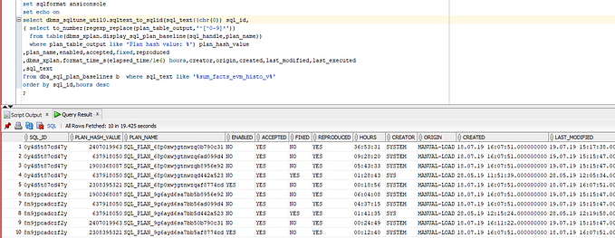 Oracle DBA_SQL_PLAN_BASELINE SQL_ID and PLAN_HASH_VALUE