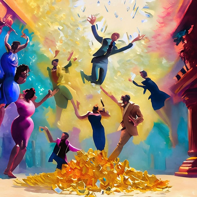 An impressionist picture of a group of professional people flying around in a cloud of money on top of a pile of gold.