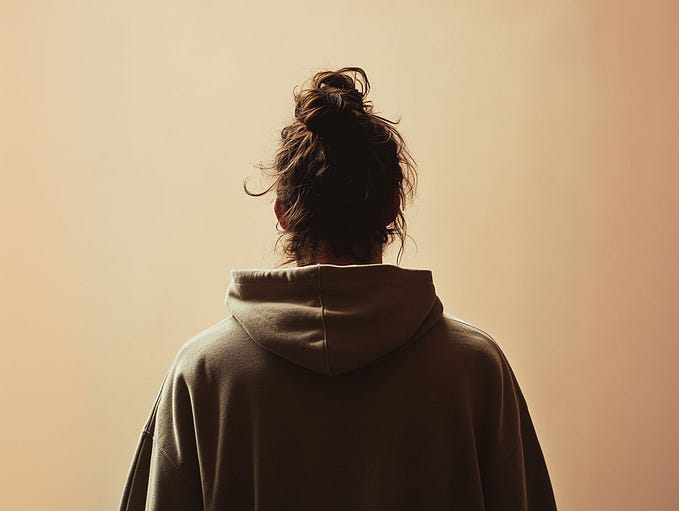 Picture of a man with a messy bun from behind wearing a hoodie.