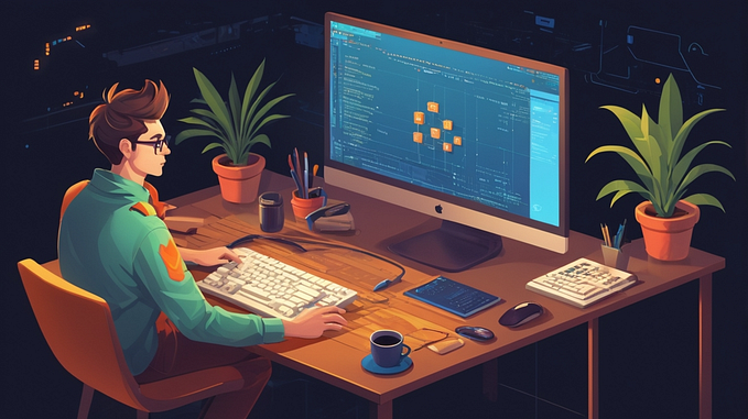 A developer sits at a desk working with asynchronous code