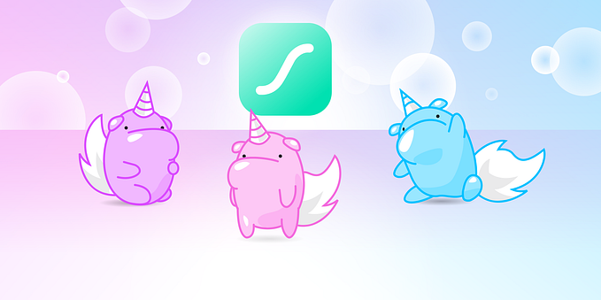 From right to left. A purple unicorn sitting quietly. On the middle, a pink unicorn staring at front. At last, a blue unicorn stretching.