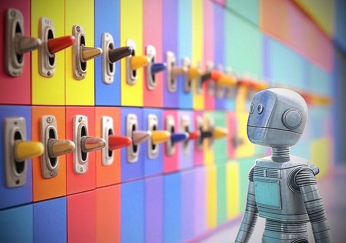 A small retro-style robot stands in front of a colorful wall filled with rows of toggle switches, each with different colors and orientations. The robot appears deep in thought, contemplating which switch to flip. This visually represents the challenge of systematically naming component properties in a design system — just as the robot must choose the right switch, designers must apply structured naming conventions for clarity, consistency, and efficiency.