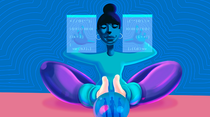 Illustration of a woman sitting in from of two screens as she writes code.