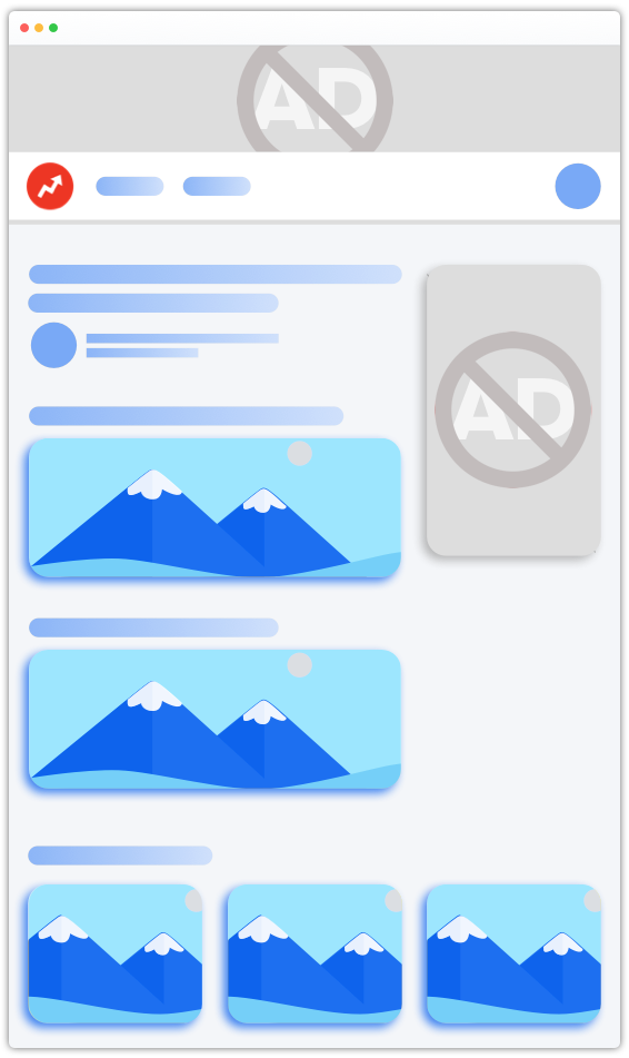 The layout of an article page with its components represented with simple shapes. The main content and recirculation units are highlighted. Ads are disabled (greyed out).