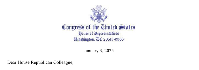 Header of the letter from the Freedom Caucus to Speaker Mike Johnson. 1/3/2025