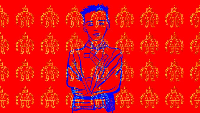 Illustration of a man in a straitjacket with an overlaying pattern of robots covering the whole image.