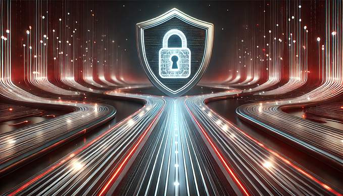 A futuristic digital road made of glowing data streams leading to a metallic shield with a glowing lock at its center, symbolizing cybersecurity and controlled access. The background features a dark, high-tech gradient with red and silver tones.