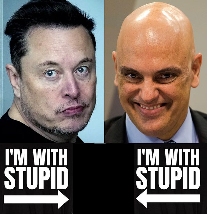 IMAGE: Elon Musk and Alexandre de Moraes in two photos and under them, capital letters reading “I’m with stupid” and an arrow pointing to each other