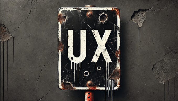 A broken “UX” sign, rusted and hanging by a thread — a metaphor for an industry once powerful, now neglected but not beyond repair.