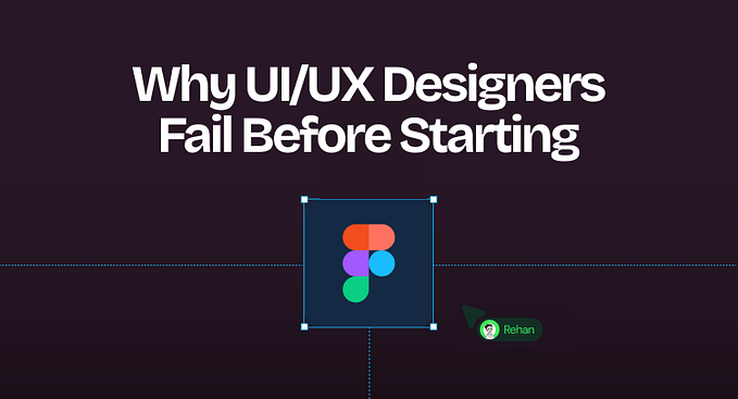 Futuristic blog thumbnail for Rehan Pinjari’s UI/UX design post, ‘Why UI/UX Designers Fail Before Starting,’ featuring a dark purple background with a bold white headline, a Figma logo icon, and Rehan’s profile badge in green, symbolizing early design project challenges.