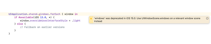 ‘windows’ was deprecated in iOS 15.0: