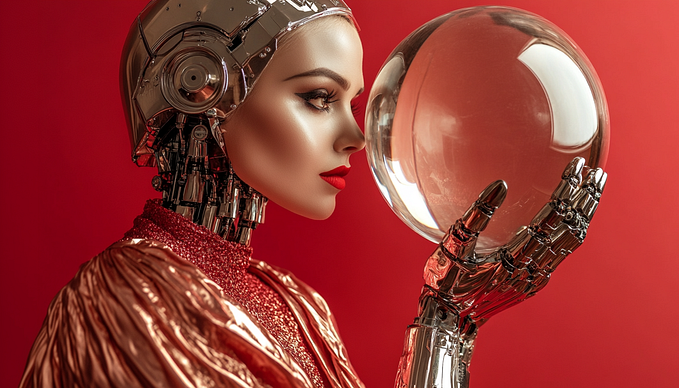 a red lips woman with robot hand holding a giant clear crystal ball looking inside, red background, AI image created on midjourney v6 by henrique centieiro and bee lee