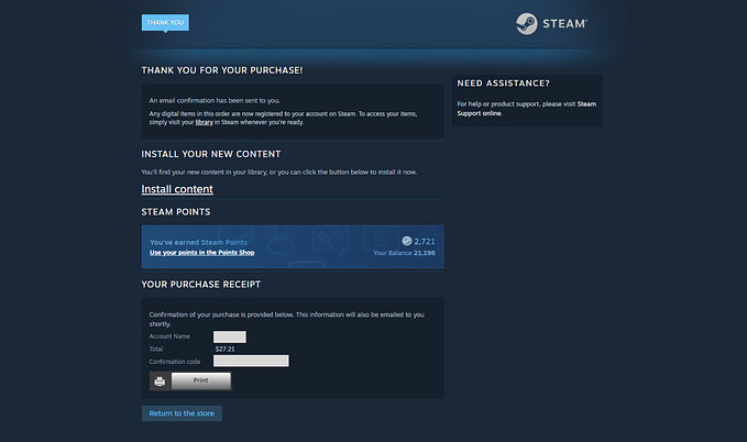 Steam’s order confirmation page on desktop.