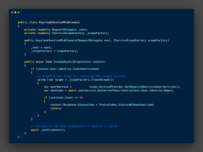 Flow diagram showing how to inject a scoped service into .NET middleware using IServiceScopeFactory, ensuring proper lifetime management.