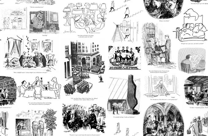 Classic black and white New Yorker cartoons arranged in a balanced pattern for wallpaper.