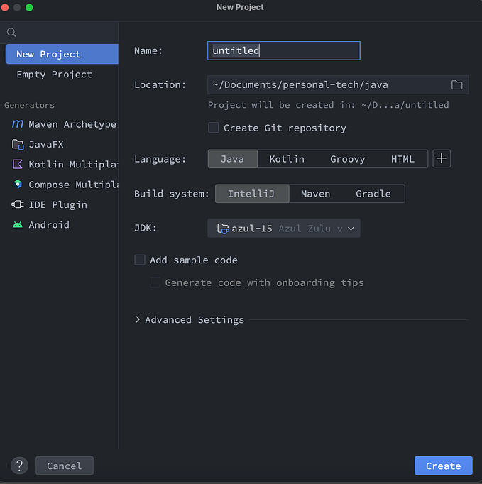 New project options in intelliJ community edition
