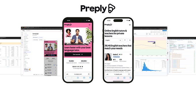 Two Peply.com’s pages visited from mobile devices, along with the screenshots of some performance deshboards.