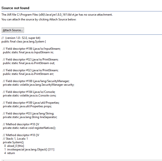 “This element has no attached source and the Javadoc could not be found in the attached Javadoc.”