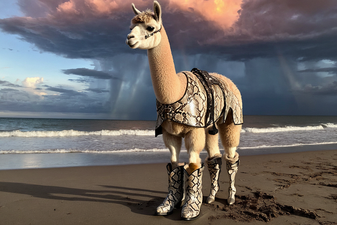 A beautiful llama standing on the beach, wearing python skin boots and a python blanket. Dramatic skies and crepuscular clouds are in the background. It’s a lovely day to be a llama on the beach.