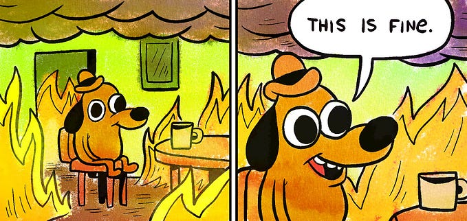 A cartoon dog sits in a burning building. A speech bubble reads “This is fine”.