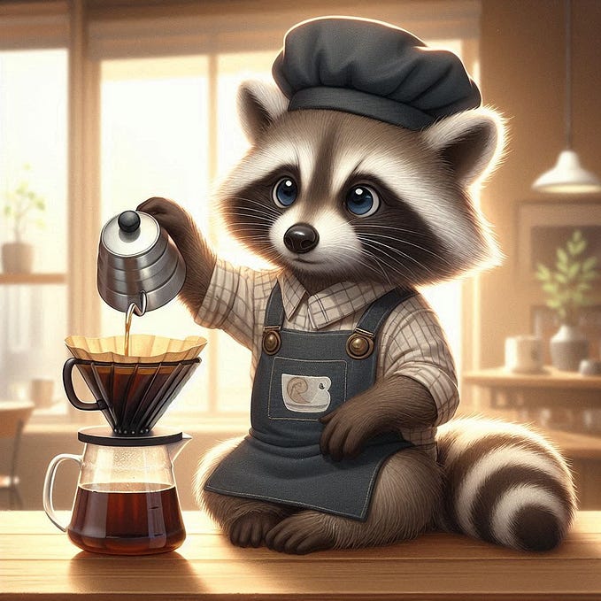 An adorable raccoon, wearing a stylish coffee barista apron and cap, is diligently brewing a cup of coffee using the V60 pour-over method. The raccoon is intensely focused, with its little paws expertly handling the coffee dripper. The background depicts a cozy coffee shop setting with soft lighting, conveying a warm and inviting atmosphere.”