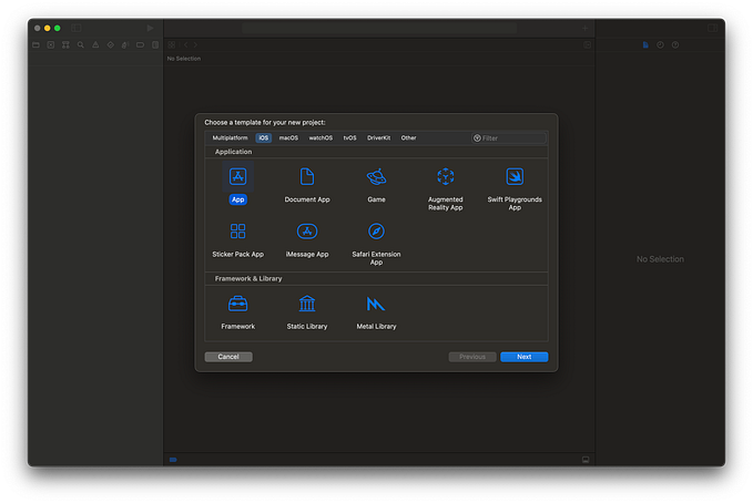 Xcode new project screen, with the iOS App template highlighted.