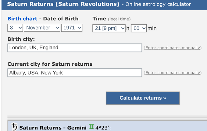 A screenshot of an online Saturn Returns astrology calculator.