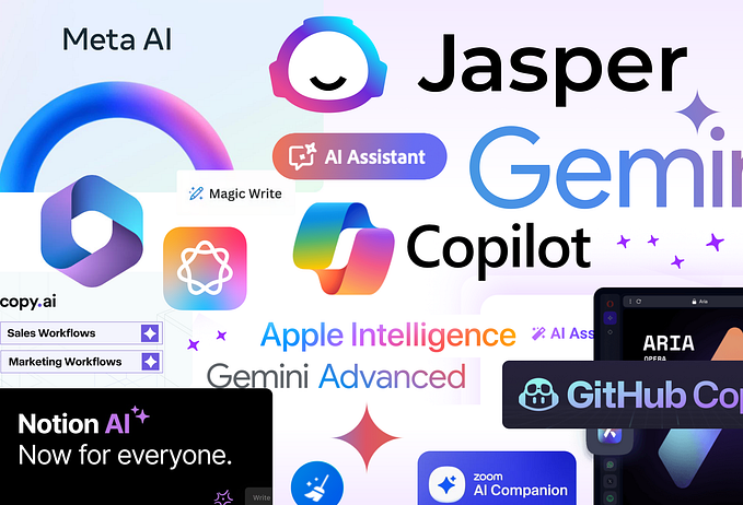 Meta AI, Google Gemini, Apple Intelligence, Microsoft Copilot, Adobe, Jasper AI, copy.ai, Zoom AI, Opera AI, Notion AI, and GitHub Copilot AI
