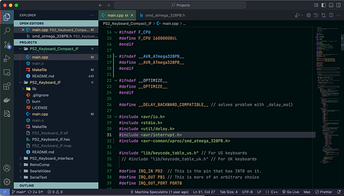 A screengrab of a VS Code window showing C code for the AVR ATMEGA.