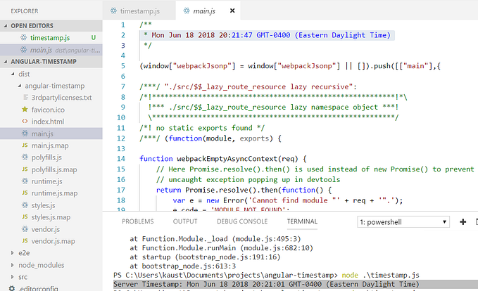 Inject build timestamp into Angular-cli build output files to verify deployments.