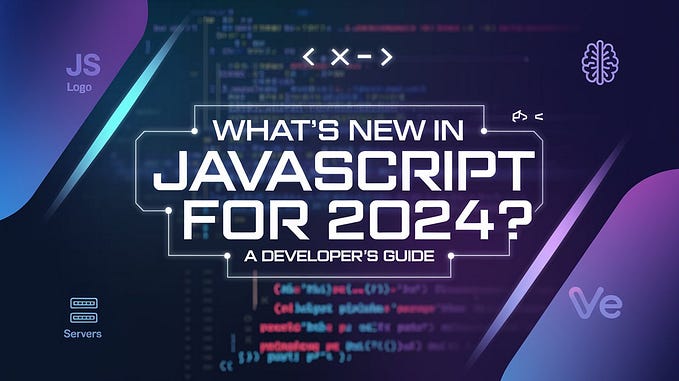 “A sleek and modern banner for a tech article titled ‘What’s New in JavaScript for 2024? A Developer’s Guide.’ The banner features a vibrant blue-to-purple gradient background with glowing neon highlights. JavaScript code snippets are softly illuminated in the background. The title is in bold, futuristic white text at the center, surrounded by small icons representing JavaScript, AI, servers, and web development frameworks. The design is professional, balanced, and visually captivating, aimed at